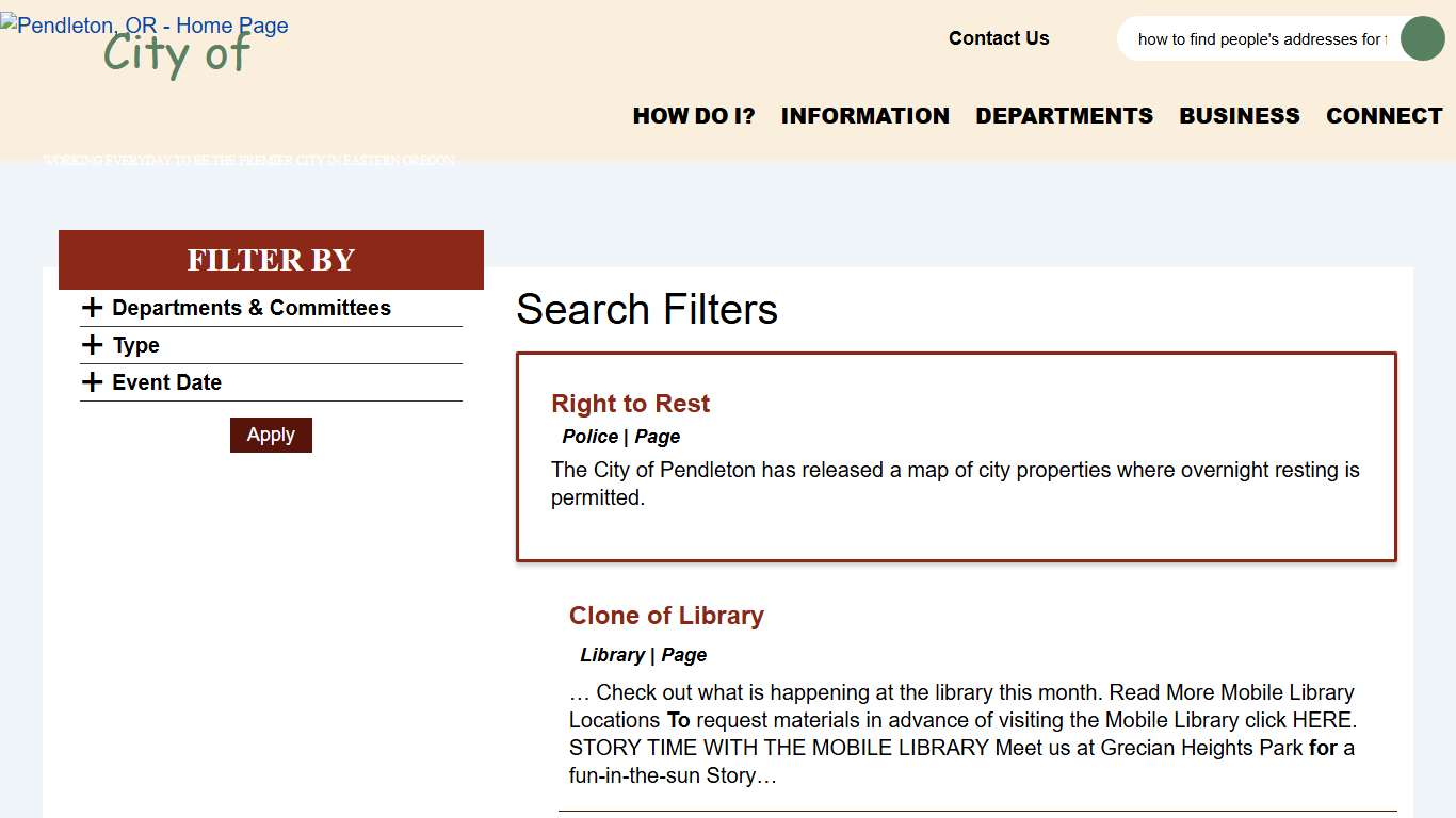 Search Filters Pendleton OR
