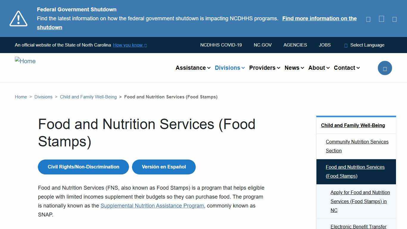 NC DHHS: Food and Nutrition Services Food Stamps